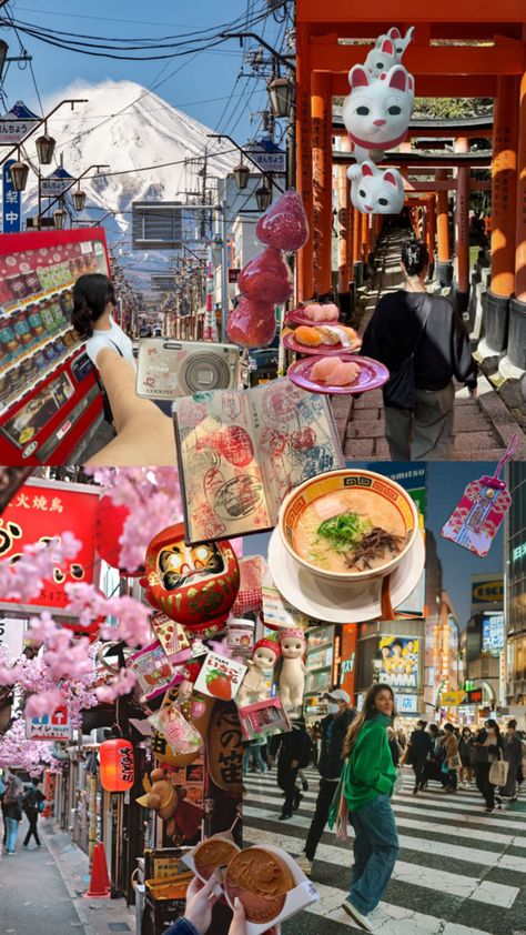 Vision board depicting Japanese street scenes and cutouts of Japanese food and gadgets, focus on red color palette Tokyo Osaka Kyoto Japan, Tokyo Vision Board, Vision Board Japan, Japan Vision Board, Japan Trip Aesthetic, Japan Travel Aesthetic, Japan Collage, Vision Board Travel, Tokyo Osaka