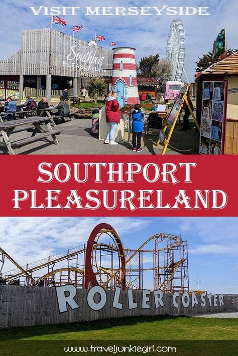 Two images, one above the other showing colourful rides and attractions at a theme park. A red banner with the words Southport Pleasureland separates the two. The bottom image shows a red and yellow rollercoaster and the top image shows the entrance to the theme park with a Ferris Wheel, caricature painting stand and picnic tables. Southport England, Cultural Travel, Travel Through Europe, Northern England, Roller Coasters, Slow Travel, North America Travel, England Travel, Cumbria