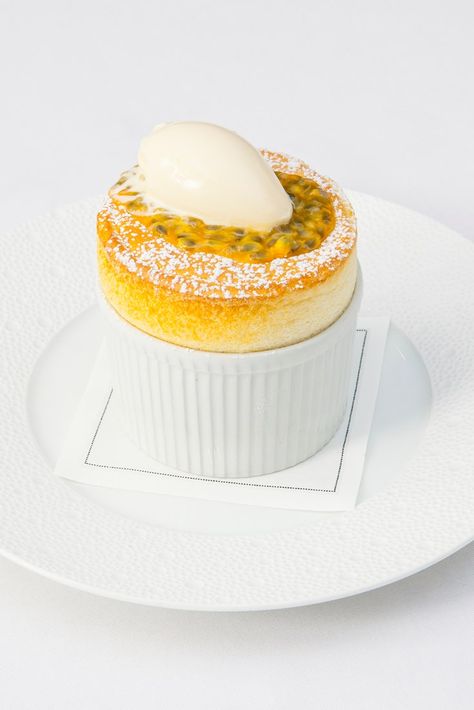 Passion Fruit Souffle Recipe, Passion Fruit White Chocolate Cake, Passion Fruit Souffle, White Chocolate Souffle, Passionfruit Dessert Recipes, Michel Roux Jr Recipes, Passionfruit Souffle, Fruit Souffle, Soufflé Dessert