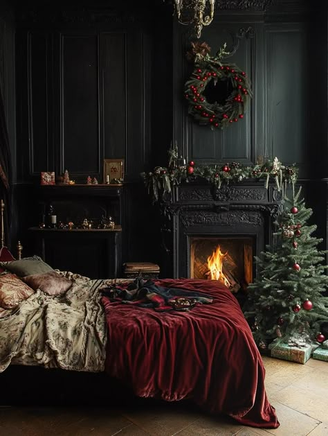 Dark Christmas Bedroom, Purple Christmas Bedroom, Cozy Bedroom Christmas Decor, Moody Christmas Bedroom, Winter Bedroom Decor Ideas, Dark Moody Christmas Decor, Christmas Decor Bedroom Ideas, Cozy Christmas Bedroom Aesthetic, Dickensian Christmas