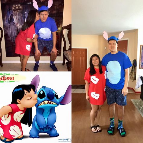 Easy DIY Lilo and Stitch Halloween Costume!!! Lelo And Stitch Couple Costume, Kilo And Stitch Costume, Costume Diy Couple, Lilo And Stitch Couple Costume, Stitch Diy Costume, Lilo And Stitch Costume Couple, Easy Diy Disney Costume, Diy Lilo And Stitch Costume, Lilo Y Stitch Disfraz