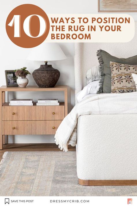 Modern Farmhouse Neutral Bedroom with beautiful Ivory Beige Area Rug is a perfect way to elevate your room. Rug placement and size can visually affect the way room looks and tie all the furnitures together. In our blog, we share our 10 Ground Rules on How To Place Your Rug in the Bedroom to make it look cohesive and complementing. And specifically what rug under king size bed to choose. FInd the right rug king bed placement! Find more about bedroom arrangements in our Blog. King Size Bed Rugs, Rug Size For Queen Bed Small Room, King Size Bed Rug Placement, 9x12 Rug Under King Bed, Corner Bed Rug Placement, Rug Under Bed Placement, Rug In Bedroom How To Place, Bedroom Rug Placement King, Rug Under King Size Bed