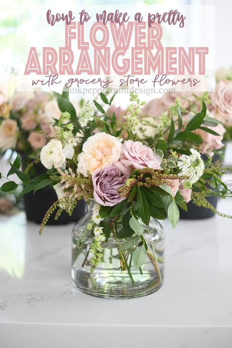 Learn how to make a pretty flower arrangement with easy to find and inexpensive grocery store flowers in this simple tutorial. #DIY #flowerarranging #Decor #Wedding #BridalShower #PinkPeppermintDesign Diy Flower Arranging Tutorials, Diy Real Flower Arrangements, Diy Flower Vase Centerpiece, Simple Arrangements Floral Design, Simple Pink Floral Arrangements, Diy Flowers In Vase, Flower Arrangements Vase Ideas, Simple Diy Flower Arrangements, How To Make A Flower Arrangement Vase