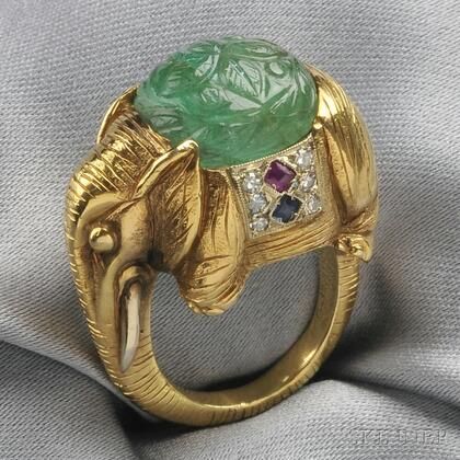 18kt Gold, Carved Emerald, and Gem-set Elephant Ring, Cartier 2610B, 637 | Skinner Auctioneers Mughal Jewelry, Carved Emerald, Rajputi Jewellery, Emerald Cabochon, Elephant Ring, Elephant Jewelry, Gold Elephant, Jewels Rings, Jewelry Auction