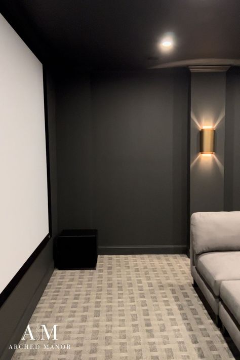 DIY Home Movie Theater Room Reveal - Building on a Budget - Arched Manor Movie Room Lights, Theatre Room Wall Sconces, Media Room Carpet Ideas, Home Theater Lights, Theater Room Paint Ideas, Theater Room Wall Color Ideas, Diy Theater Room Ideas, Media Room Paint Colors Wall, Home Theater Wall Colors