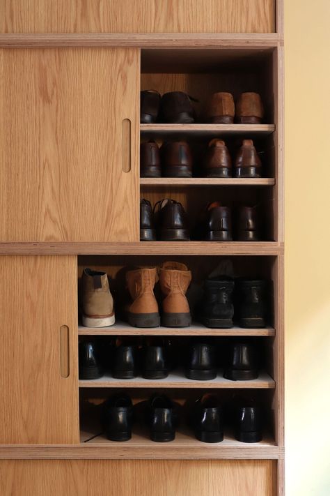 Harriette & Curtis, London E1 - Lozi - Bespoke Plywood Furniture Japandi Style Bedroom, Shoe Storage Mudroom, Bespoke Wardrobes, Oak Wardrobe, Bespoke Wardrobe, Period Home, Shoe Cupboard, Plywood Shelves, Wood Wardrobe