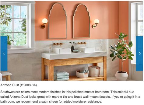 Paint color = Arizona Dust, Valspar Peach Paint Bathroom, Peach Colored Bathroom, Peach Color Kitchen, Peach Bathroom Walls, Light Peach Wall Color, Peach Color Bathroom, Apricot Bathroom, Light Orange Paint Colors, Accent Wall Paint Colors