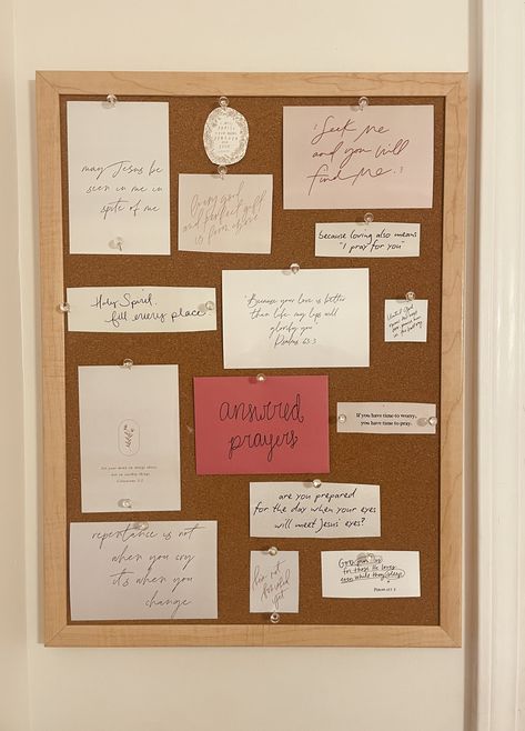 Prayer board/prayer walk with answered prayer envelope Answered Prayers Board, Prayer Board Envelopes, Prayer Board With Envelopes, Bible Board Ideas, Prayer Board Aesthetic, Corkboard Decor, Prayer Board Ideas, Diy Prayer Board, Bible Study Crafts