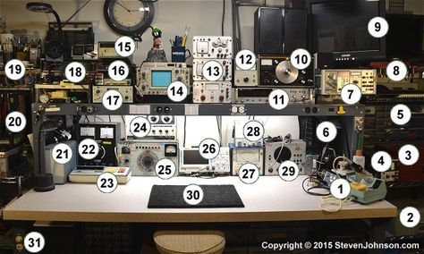 What's What Electronics Workspace, Electronics Lab Workbenches, Electronics Workbench, Cell Phone Repair Shop, Electronics Background, Workbench Designs, Electronic Workbench, Laboratory Design, Electronics Workshop