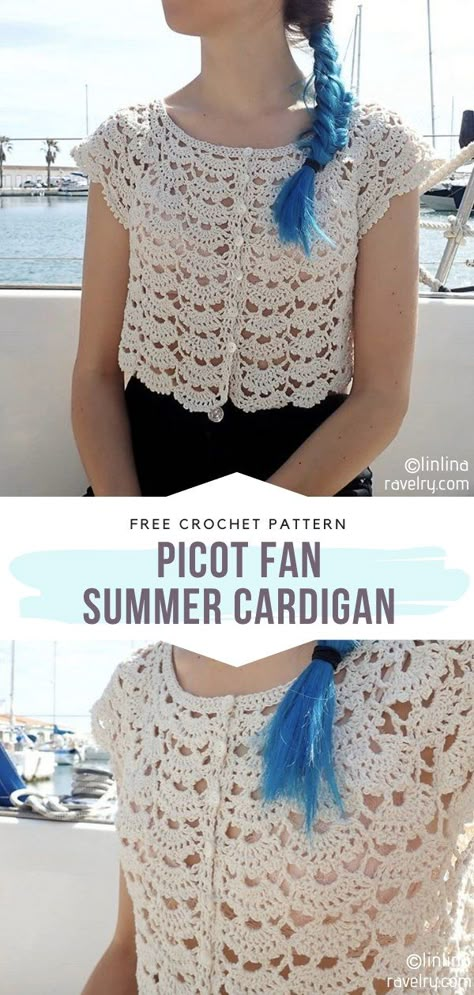 Picot Fan Summer Cardigan Free Crochet Pattern  This cropped cardigan is a real work of art! Fan stitch looks amazing both in natural and vibrant colors. It is certainly worth learning, so keep this pattern in your library.  #crochetcardigan #crochetsweater #fanstitch #freecrochetpattern Bolero Haken, Free Patterns For Crochet, Picot Crochet, Patterns For Crochet, Crochet Cardigan Free, Crochet Crop Top Pattern, Crochet Ladies Tops, Look Formal, Crochet Bolero