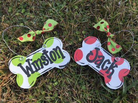 Dog bone personalized ornament Hand crafted. Attached bow. Measures 6x3.5 inches Dog Ornaments Diy, Dog Bone Ornaments, Cardboard Christmas Tree, Pumpkin Door Hanger, Pumpkin Door, Stacked Pumpkins, Work Project, Wood Christmas Ornaments, Wooden Christmas Ornaments