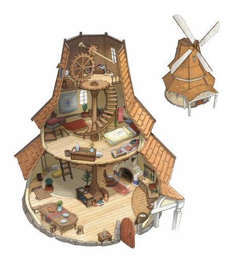 Futuristic Small House, Old Post Office Interior, Windmill Concept Art, Windmill Interior, Environment Background, Tree House Drawing, Interior Minecraft, Live Peacefully, Windmill House