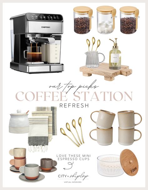 Coffee Station At Work, Home Coffee Stations Modern, Coffee Station Essentials, Coffee Tray Station Counter Space, Work Coffee Station, Tea Station Ideas Small Spaces, Coffee Bar Items, Coffee Station Ideas Countertop, Coffee Bar Essentials