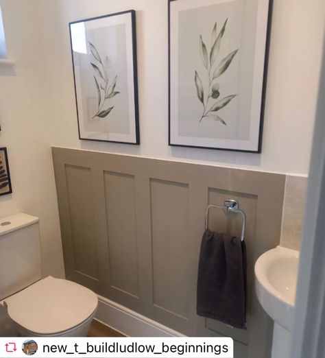 Our wall panelling kit can transform even a bathroom by adding some colour and texture. @new_t_buildludlow_beginnings has used our custom-sized shaker wall panelling kit and it fits perfectly within the walls of this cloakroom! The neutral grey tones complement the space beautifully. Half Wood Panel Walls Bathroom, Wall Panelling Half Height, Grey Half Wall Panelling, Bathroom Wall Paneling, Panelling Bathroom, Half Wall Panelling With Shelf, Diy Half Wall Paneling Small Bathrooms, Bathroom Wall Panels, Grey Tones