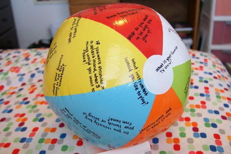 More than Elementary: Getting to Know You Activity with a Beach Ball! Pijamas Party Ideas, Recreational Therapist, Planning School, Therapeutic Recreation, Get To Know You Activities, Recreation Therapy, Reunion Games, Family Reunion Games, Sculptural Fashion