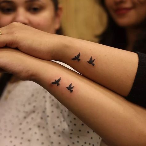 Bird Sister Tattoo, Two Small Birds Tattoo Simple, Sister Tattoos Birds, 2 Birds Flying Tattoo, Two Birds Tattoo Design, Sibling Bird Tattoos, Two Birds Flying Tattoo, Best Friend Bird Tattoos, 3 Birds Tattoo Family