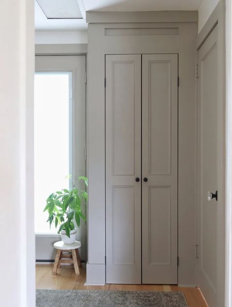 Hide Tankless Water Heater Inside, Bifold Double Doors, Cool Closet Door Ideas, Update Closet Doors, Modern Bifold Closet Doors, Closet Door Upgrade, Bifold Door Makeover Diy, Closet Door Redo, Double Door Closet