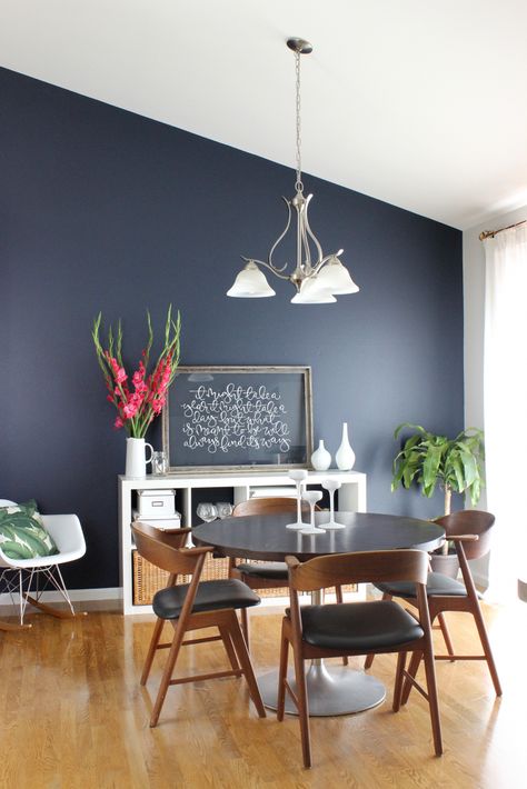 Have a painting project coming up? Here are 9 beautiful navy blue paint colors for your home decor. Blue Accent Wall Living Room, Navy Blue Paint Colors, Navy Accent Walls, Blue Walls Living Room, Navy Blue Paint, Dining Room Paint Colors, Blue Accent Walls, Room Wall Colors, Dining Room Paint