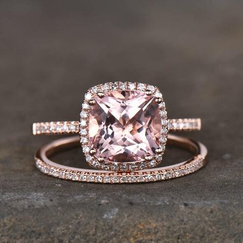 Morganite Engagement Ring Cushion Cut, Morganite Wedding Set, Morganite Wedding Ring, Morganite Ring Set, Morganite Wedding Rings, Morganite Engagement Ring Rose Gold, Pink Morganite Ring, Wedding Rings Art, Morganite Engagement Ring Set