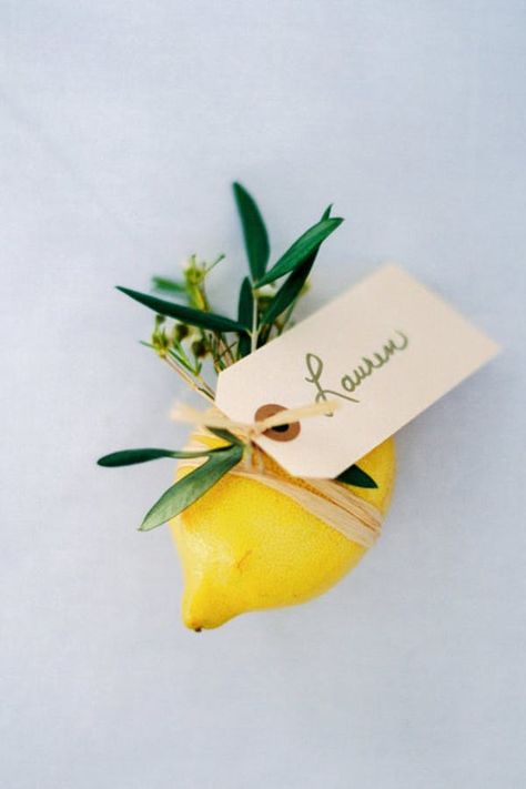 Swoon-Worthy Escort Card Ideas (That You Haven’t Seen a Million Times)  #purewow #decor #wedding #home Lemon Themed Party, Citrus Wedding, Tafel Decor, Wedding Spain, Olive Branches, Lemon Decor, Romantic Destinations, Destination Wedding Planning, Yellow Wedding