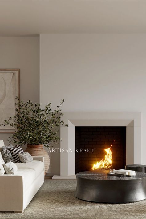 Beveled Fireplace Mantel Surround limestone cast by Artisan Kraft. Shop this and more cast stone fireplace mantel surrounds in the link below. Limestone Mantel Fireplace, Modern Square Fireplace, Modern Fireplace With Hearth, Stone Mantle Fireplace, Modern Limestone Fireplace, Plaster Fireplace Ideas, Modern Gas Fireplace Ideas, Transitional Fireplace Design, Combustion Fireplace