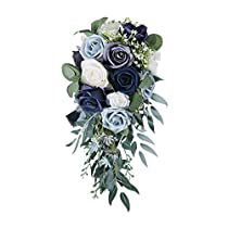 Check this out! Holding Bouquet, Elegant Wedding Bouquets, Handmade Wedding Bouquet, Cascading Wedding Bouquets, Bride Floral, Blue Wedding Flowers, Real Touch Flowers, Fabric Roses, Beautiful Bouquet Of Flowers