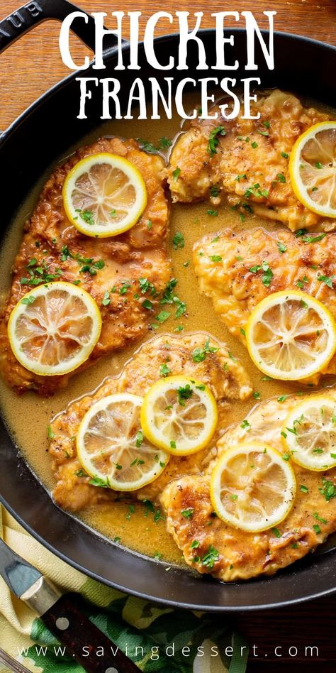 Chicken Francese, or Chicken French, is a popular restaurant quality dish you can make at home with tender chicken cutlets nestled in a buttery, lemon pan sauce.  #chicken #chickenfrench #chickenfrancese #lemonchicken #easychicken #skilletchicken #chickendinner #dinner #sundaysupper #companyworthy Chicken Francaise Recipe, Chicken Francese Recipe, Chicken French, Chicken Francese, Pan Sauce, Chicken Cutlets, Tender Chicken, French Chic, Poultry Recipes