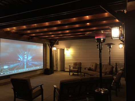 DIY Pergola, Pergola post lighting, optoma projector, 150" movie  projection screen, surround sound Yamaha outdoors speakers, patio furniture, space heaters, string lights and movie in the backyard = outdoor theater Backyard Theater Ideas, Outdoor Theater Ideas, Backyard Movie Screen, Backyard Theater, Backyard Movie Theaters, Projector Screens, Hangout Ideas, Outdoor Movie Theater, Backyard Getaway