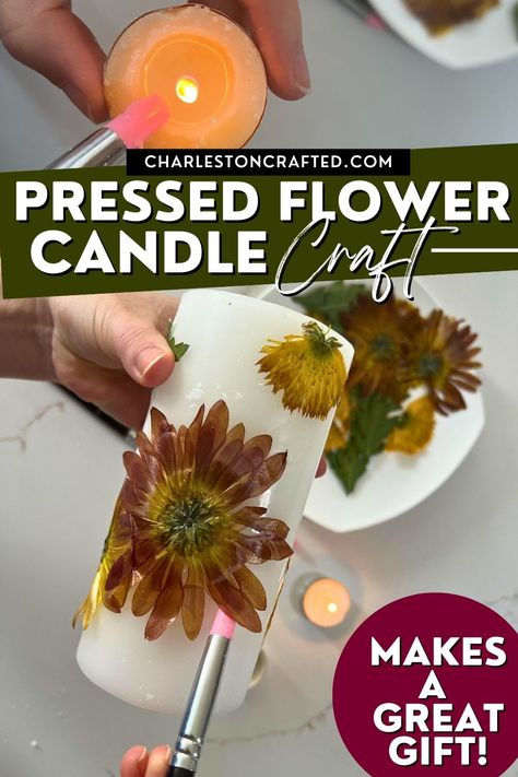 How To Decorate Candles With Flowers, Dry Flowers Craft Ideas, Diy Pressed Flower Candles, Candle Making Decoration, Dried Flowers On Candles, Painting Candles With Wax Ideas, What To Do With Dried Flowers, Candle Hacks, Pressed Flower Candles