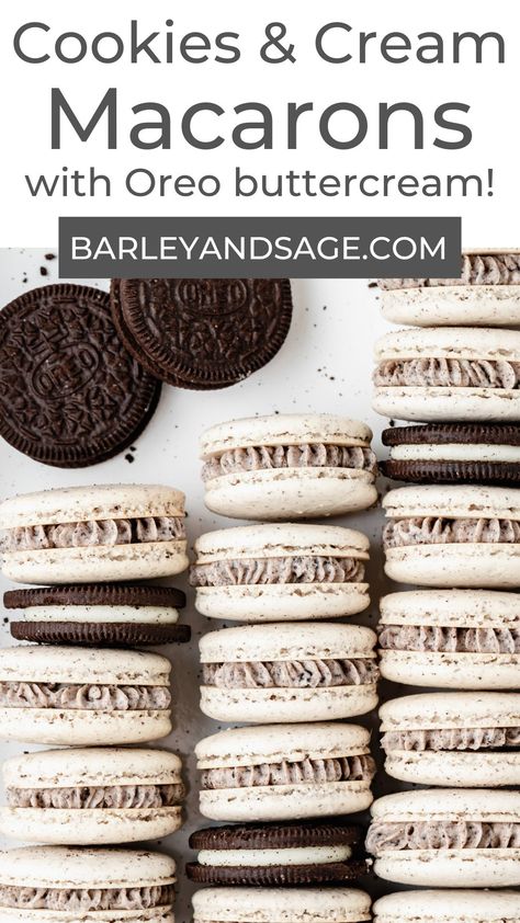 These Oreo macarons are filled with cookies and cream buttercream frosting and white chocolate ganache! They taste just like classic Oreo cookies but in macaron form! Cookies And Cream Macarons Recipe, Cookies N Cream Macarons, Macaroons Vs Macarons, Oreo Creme Filling, Buttercream Filling For Macarons, Oreo Macaron Recipe, Ice Cream Macarons, Cookies And Cream Macarons, Macroonies Recipe Flavors