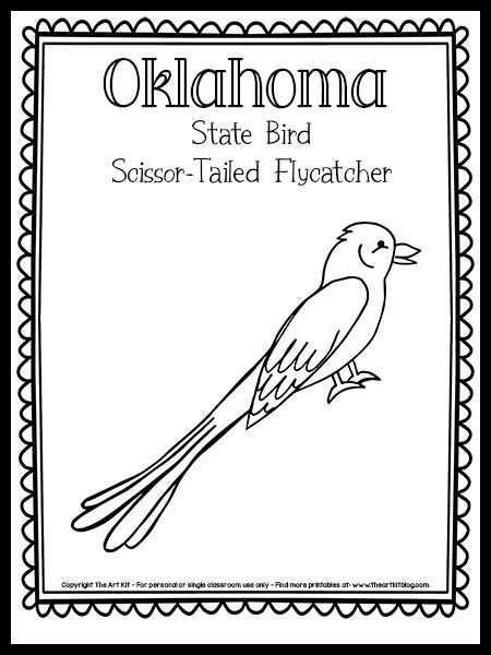 Oklahoma State Bird Coloring Page (Scissor-tailed Flycatcher!) {FREE Printable!} - The Art Kit Oklahoma Preschool Activities, Scissortail Flycatcher Tattoo, Oklahoma Coloring Pages, Scissortail Flycatcher, State Birds Printable, Woodpecker Coloring Pages, Social Studies Unit, State Symbols, Social Studies Worksheets