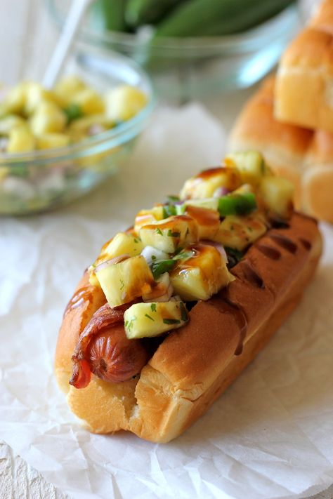 Bacon Wrapped Teriyaki Hot Dogs with Pineapple Salsa - Damn Delicious Bacon Wrapped Hotdogs, Pineapple Salsa Recipe, Wrapped Hot Dogs, On A Bun, Gourmet Hot Dogs, Hot Dog Toppings, Hot Dog Recipes, Pineapple Salsa, Chapati