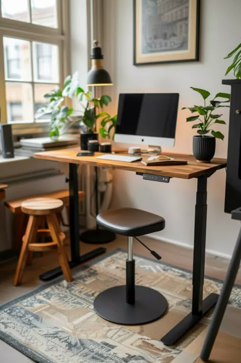 Adjustable Height Standing Desk Small Home Office Ideas Standing Desk, Home Office Stand Desk, Tiny Standing Desk, Study Room Standing Desk, Home Office Ideas For Women Sit Stand Desk, Beautiful Standing Desk, Standing Desk Home Office Diy, Office With High Ceilings, Standing Office Desk Ideas