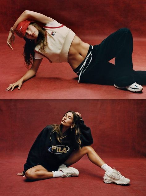 Hailey Bieber Fronts Fila F2022 Global Campaign Shot by Renell Medrano. Sports Model Poses, Hailey Bieber Photoshoot, Sports Model, Fitness Modeling Photography, Sports Fashion, Hailey Bieber Studio Shoot, Hailey Bieber Editorial, Hailey Bieber Fila, Editorial Sport Fashion