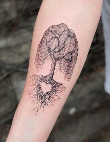 Weeping Willow Tree Tattoo For Women, Giving Tree Stump Tattoo, Willow Tree With Roots Tattoo, Heart Roots Tattoo, Mother Daughter Willow Tree Tattoo, Weeping Willow Tattoos For Women, Willow Tree Leg Tattoo, Weeping Willow Tattoo Sleeve, Willow Tree Spine Tattoo