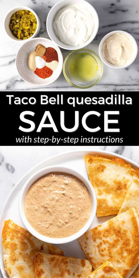 5 Minute Copycat Taco Bell Quesadilla Sauce Volcano Taco Taco Bell, Chicken Fajita Sauce Recipe, Diy Taco Bell Quesadilla Sauce, Keto Spreads, Taco Bell Jalapeno Sauce, Taco Condiments, Homemade Quesadillas, Taco Bell Quesadilla Sauce, Quesadilla Sauce