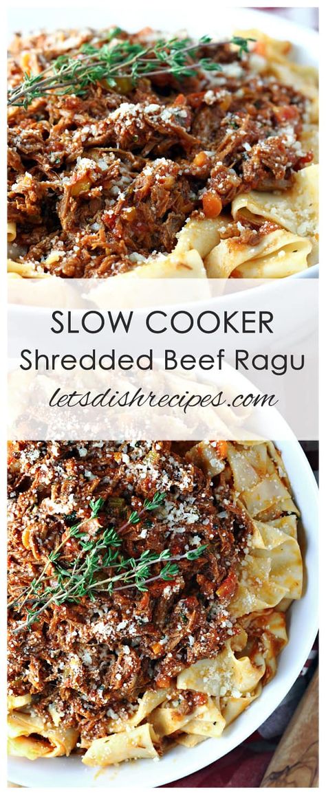 Slow Cooker Shredded Beef Ragu | Let's Dish Recipes Beef Ragu Slow Cooker, Shredded Beef Ragu, Beef Ragu Recipe, Thick Noodles, Slow Cooker Shredded Beef, Italian Pot Roast, Beef Ragu, Ragu Recipe, Slow Cooker Recipes Beef