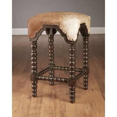 Loon Peak Ahern 28" Bar Stool Cowhide Bar Stools, Bar Stool Wood, Porch Rocker, Wicker Headboard, Rustic Luxe, House Of Turquoise, Traditional Furniture, Solid Mango Wood, Kitchen Bar Stools