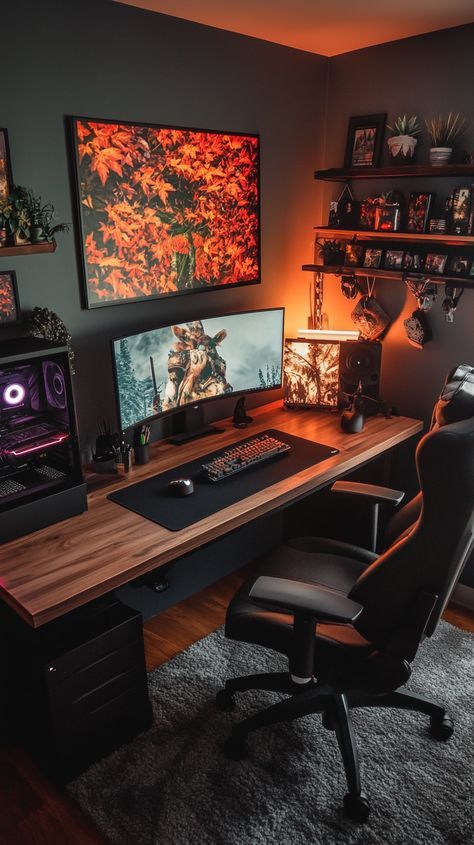 Youtube Setup, Games Room Inspiration, Small Game Rooms, Game Setup, Computer Desk Setup, Home Studio Setup, Video Game Room Design, Pc Setups, Desk Setups