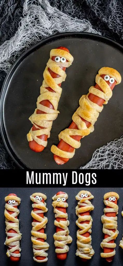 Mummy Hot Dogs Recipe, Fun Halloween Party Food, Mummy Hot Dogs, Halloween Appetizers Easy, Mummy Dogs, Postres Halloween, Kids Halloween Food, Appetizers For Kids, Halloween Party Snacks