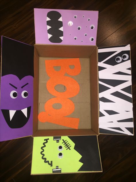 Halloween college care package box Spooky Box Ideas, College Halloween Care Package, Boo Box Ideas, Missionary Halloween Care Package, Long Distance Halloween Care Package, Halloween Care Package College, Halloween Gift Box Care Packages, Care Package Decorating, Halloween Care Package Military