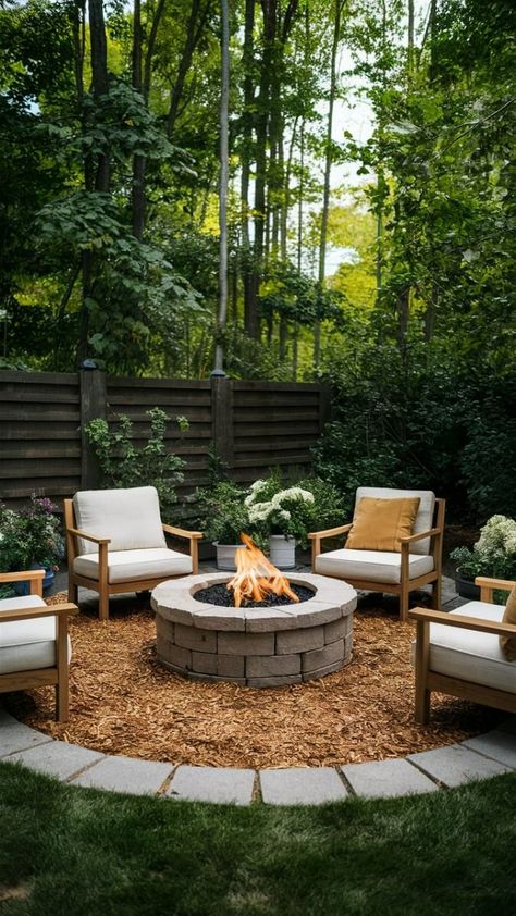 Covered Patio Landscaping, Backyard Burn Pit Ideas, Firepits Backyard With Mulch, Outside Boma Ideas, Lawn Fire Pit Ideas, Fire Pit Ground Cover, Mulched Fire Pit Area, Yard For Entertaining, Simple Landscaping Ideas Backyard