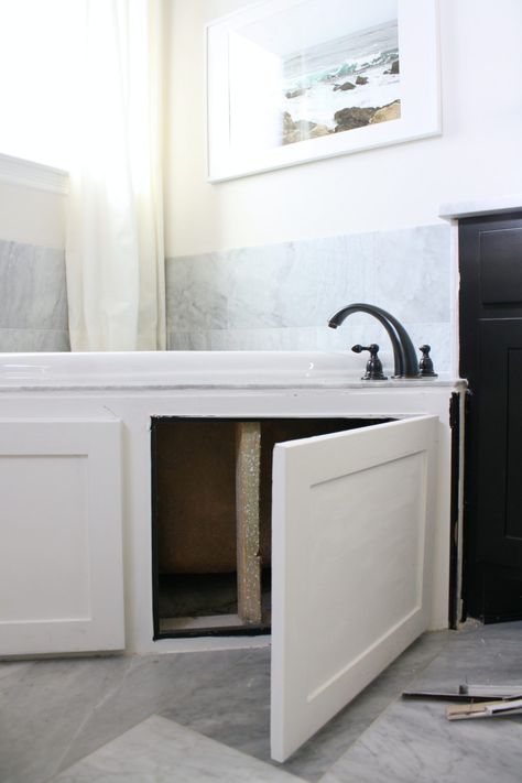 DIY Tub Skirt Makeover Using Shiplap - Crazy Wonderful Front Of Tub Ideas, Corner Whirlpool Tub Surround Ideas, Bathroom Whirlpool Tub Ideas, Tub Skirt Ideas Diy Master Bath, Bathtub Skirt Ideas, Whirlpool Tub Surround Ideas Master Bath, Bathtub Skirt Diy, Tub Skirt Ideas Diy, Bathtub Skirts