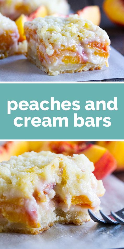 For a different take on a peach pie, try these Peaches and Cream Bars that have a shortbread crust, a creamy peach filling and a crumble topping. Peach Filling, Fresh Peach Recipes, Bbq Summer, Peach Dessert Recipes, Peach Desserts, Dessert Bar Recipe, Shortbread Crust, Easy Summer Desserts, Peaches And Cream