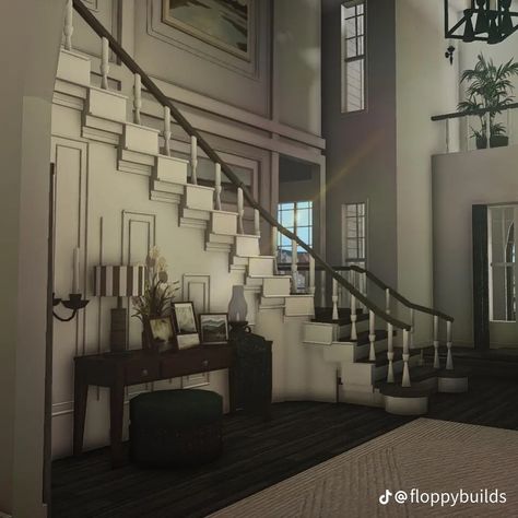 Roblox Bloxburg House Ideas Vintage, Vintage Modern Bloxburg House, House Inspo For Bloxburg, Bloxburg Interior Entrance, Bloxburg Custom Furniture Ideas, Scary Bloxburg Houses, Suburban Interior Design, Bloxburg Homes Realistic, Bloxburg Academia House