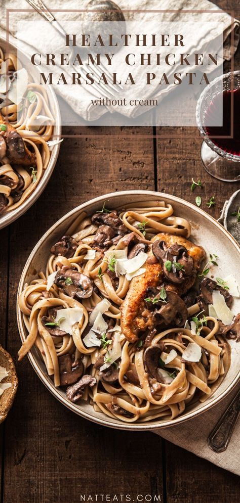 Healthier Creamy Chicken Marsala Pasta - no cream added | NattEats #healthychickenmarsala #chickenmarsalapasta Pasta Without Cream, Chicken Marsala Pasta, Creamy Chicken Marsala, Marsala Pasta, Marsala Sauce, Chicken Marsala, Star Food, Cook Chicken Breast, Best Dinner Recipes