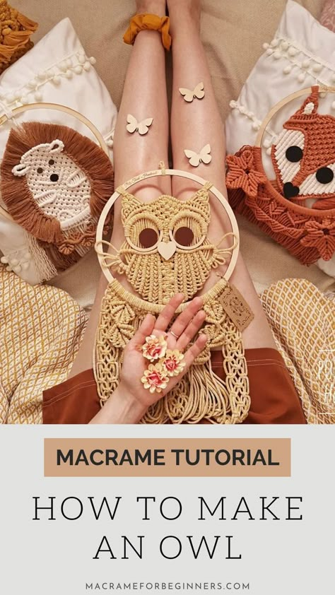 Macrame Pattern Owl Macrame Tutorial, Macrame Mushroom Tutorial, Macrame Owl Pattern Free, Macrame Animals Tutorials, Modern Macrame Patterns, Macrame For Kids, Macrame Gift Ideas, Macrame Half Mandala, Macrame Owl Tutorial