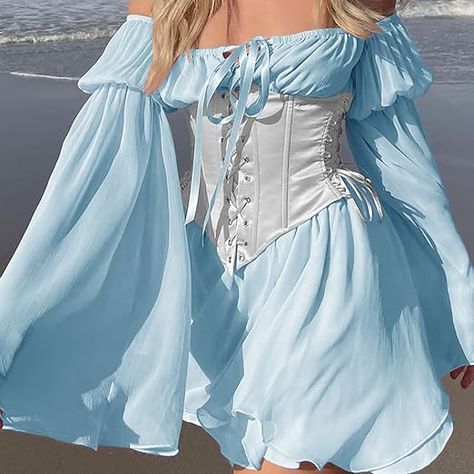 Womens Two-Piece Lace Up Corset Dress Off Shoulder Bell Sleeve Casual Party Mini Dress blue and white Lace Up Corset Dress, Dresses With Long Sleeves, Mini Dress Blue, Party Mini Dress, Lace Up Corset, Dress Off Shoulder, Tour Outfits, Bustier Dress, Casual Party