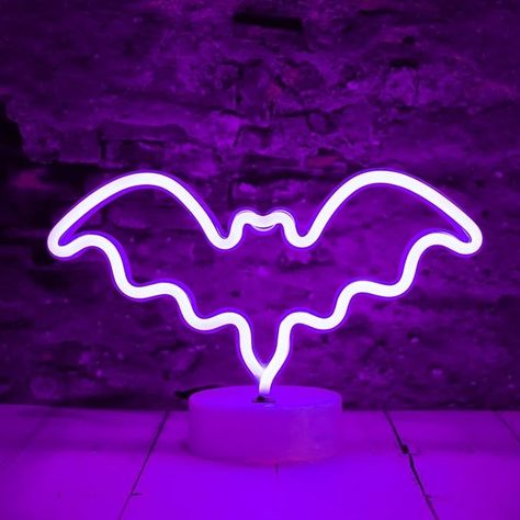 LED Neon Bat Lights Purple, Bat Shape Neon Signs Night Lights Battery Operated Desk Table Lamp for Bedroom, Bar, Wall, Halloween Decor-Bat with Holder Base(Purple) - Amazon.com Halloween Party Bar, Bat Light, Purple Led Lights, Bat Shape, Eclectic Lighting, Red Ghost, Neon Lights Bedroom, Night Table Lamps, Girl Bedroom Walls