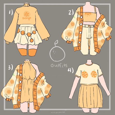 Outfits based on orange fruits Types Of Clothes, Art Outfits, Clothing Sketches, Dress Design Drawing, Clothing Design Sketches, Orange Outfit, Drawing Anime Clothes, Dress Design Sketches, Sopot